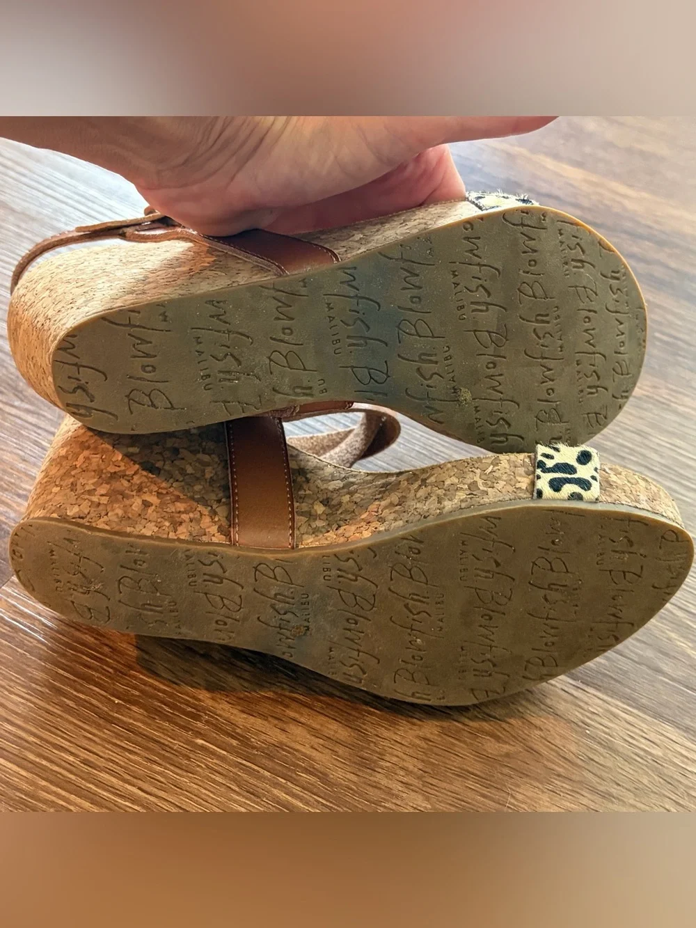 Bonefish- Tan Cork Wedge Sandals with Leopard-Print Strap Size 6.5